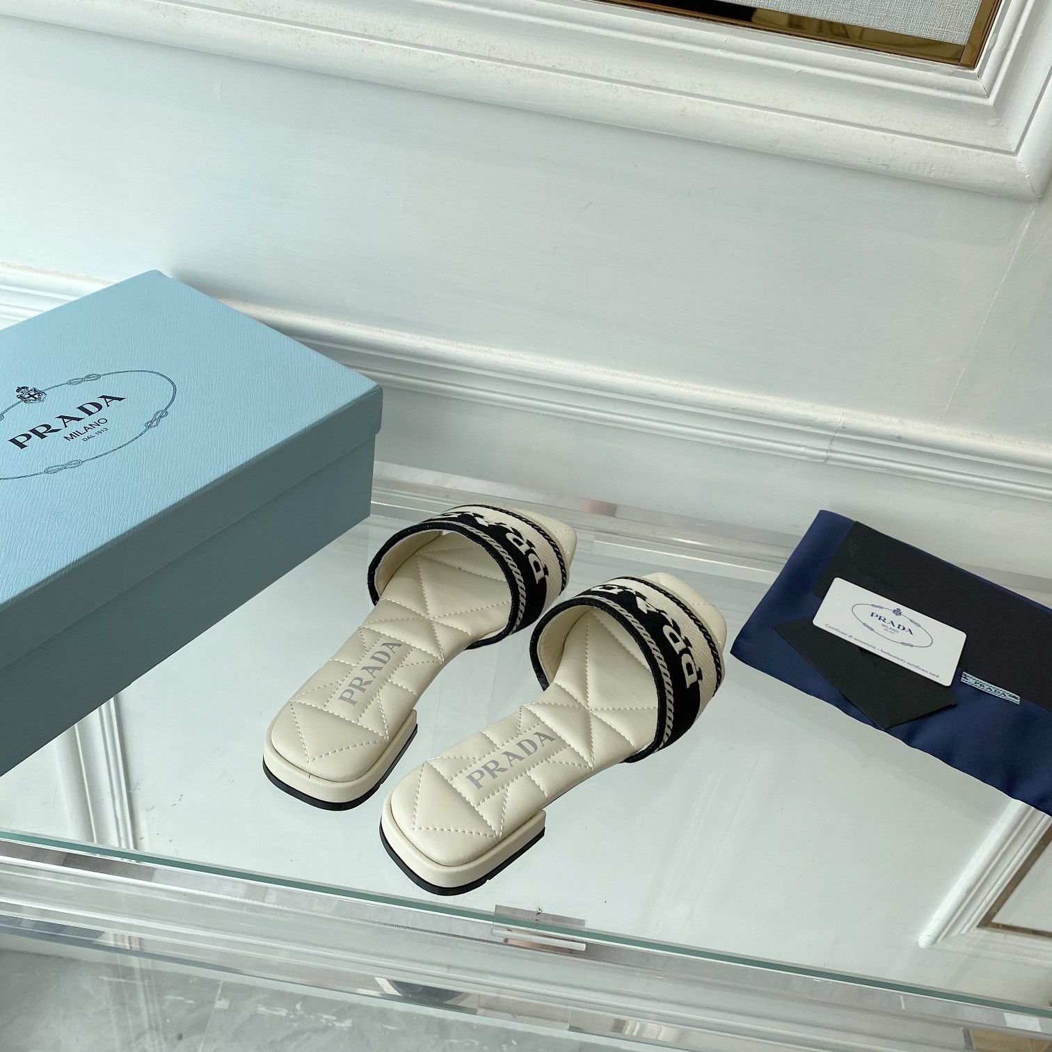 Prada Embroidered Fabric Slides - 