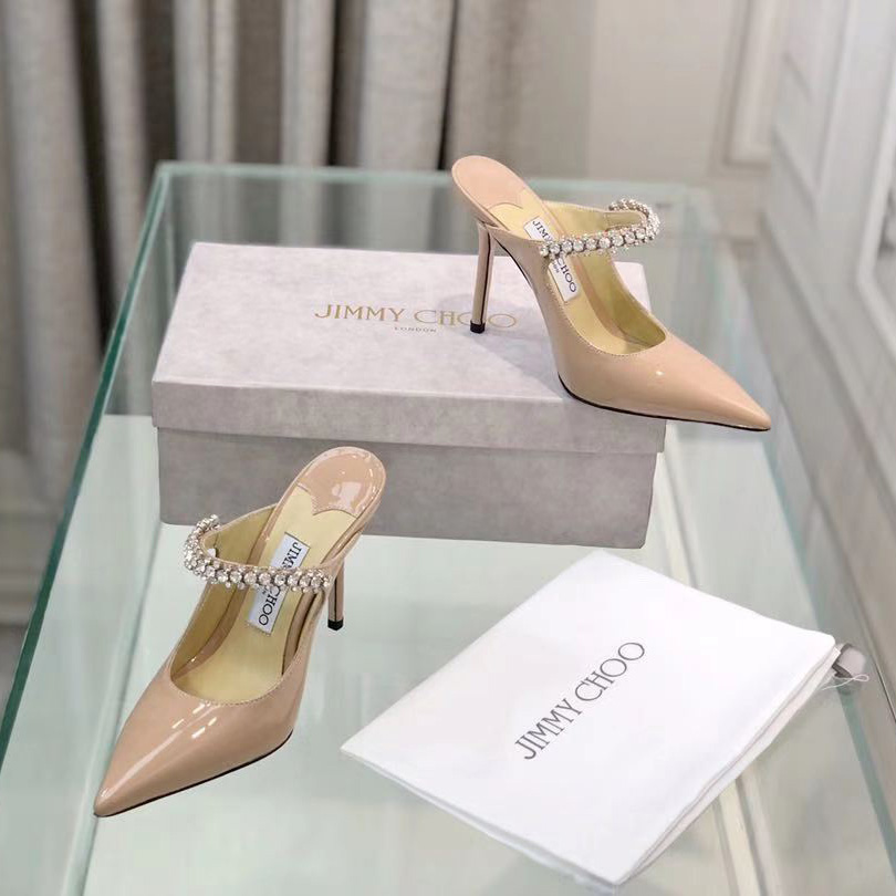 Jimmy Choo Bing 100 Ballet Pink Patent Leather Mules With Crystal Strap - DesignerGu