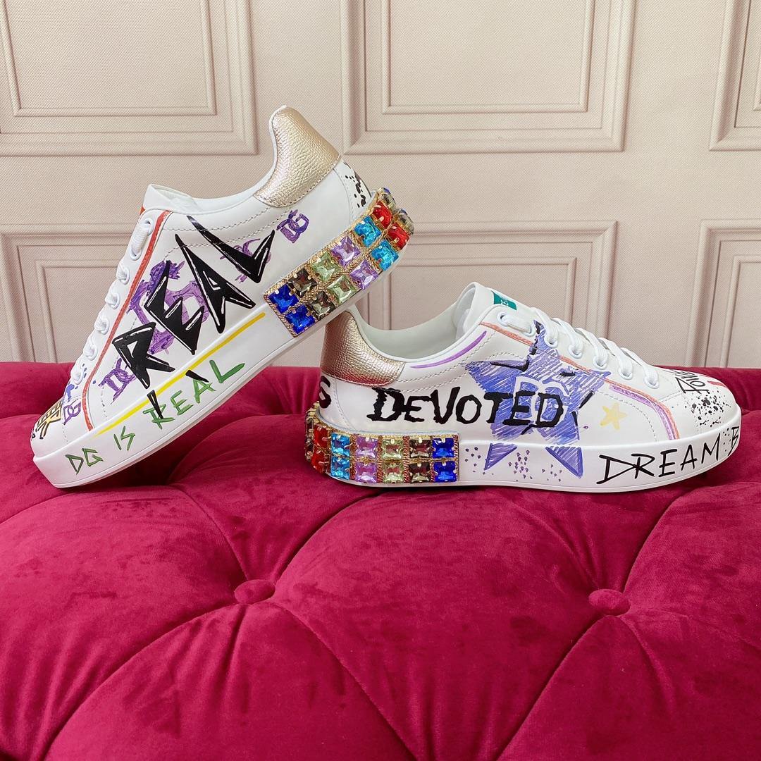 Dolce & Gabbana Calfskin Portofino Sneakers With Embroidery And Lettering - DesignerGu