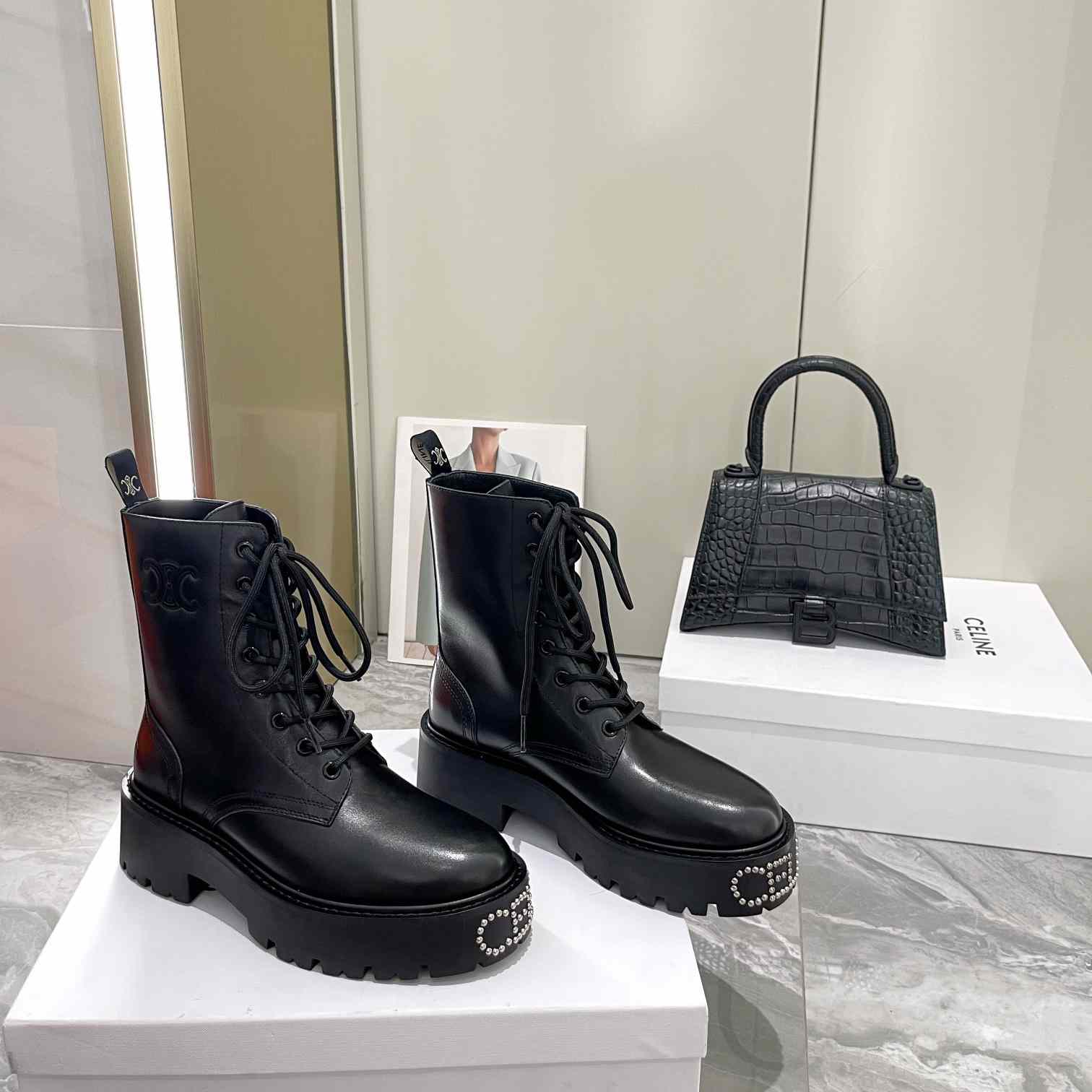 Celine Lace-Up Boot With Triomphe And Studded Outsole Celine Bulky In Shiny Bull - DesignerGu