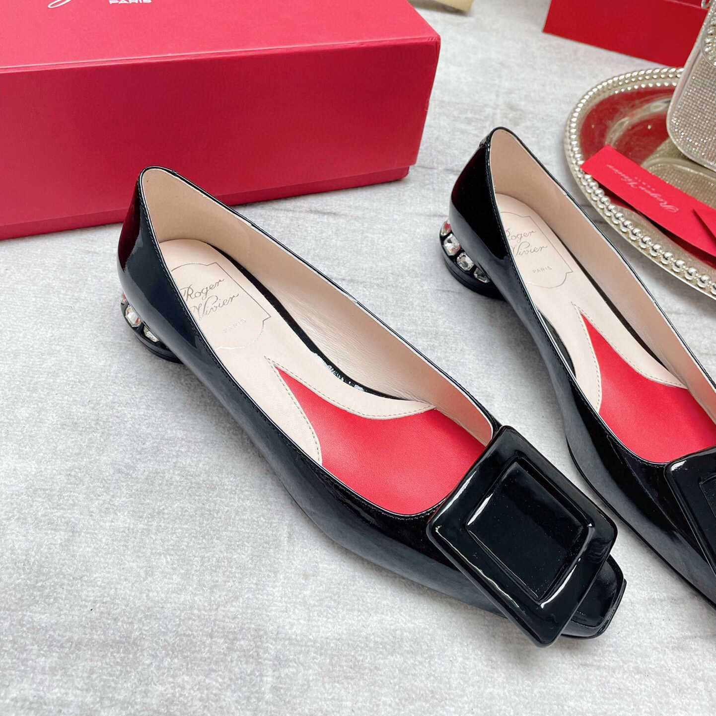 Roger Vivier Strass Heel Covered Buckle Ballerinas In Patent Leather - DesignerGu