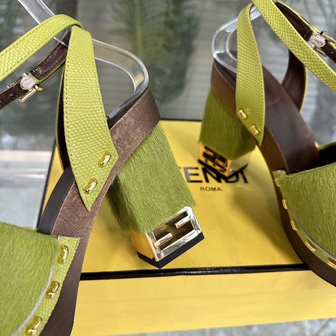 Fendi Baguette Show Green Pony Hair High-heeled Clogs - DesignerGu