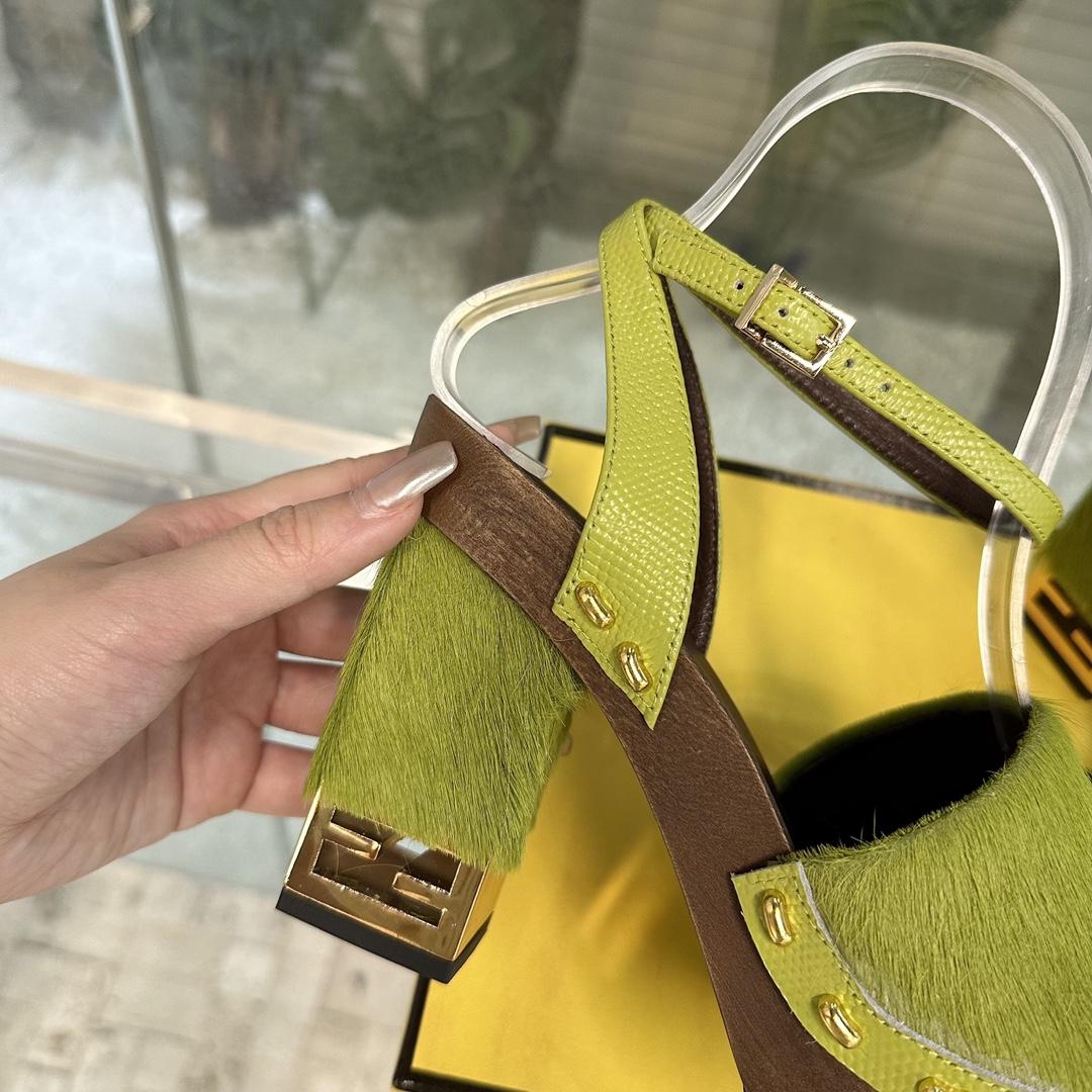 Fendi Baguette Show Green Pony Hair High-heeled Clogs - DesignerGu