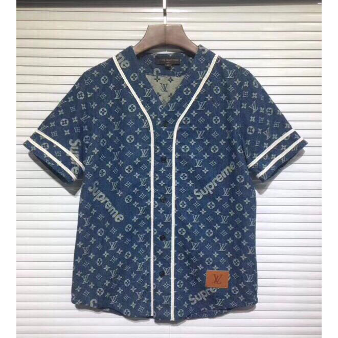 Louis Vuitton × Supreme Monogram Baseball Jersey Shirt - DesignerGu