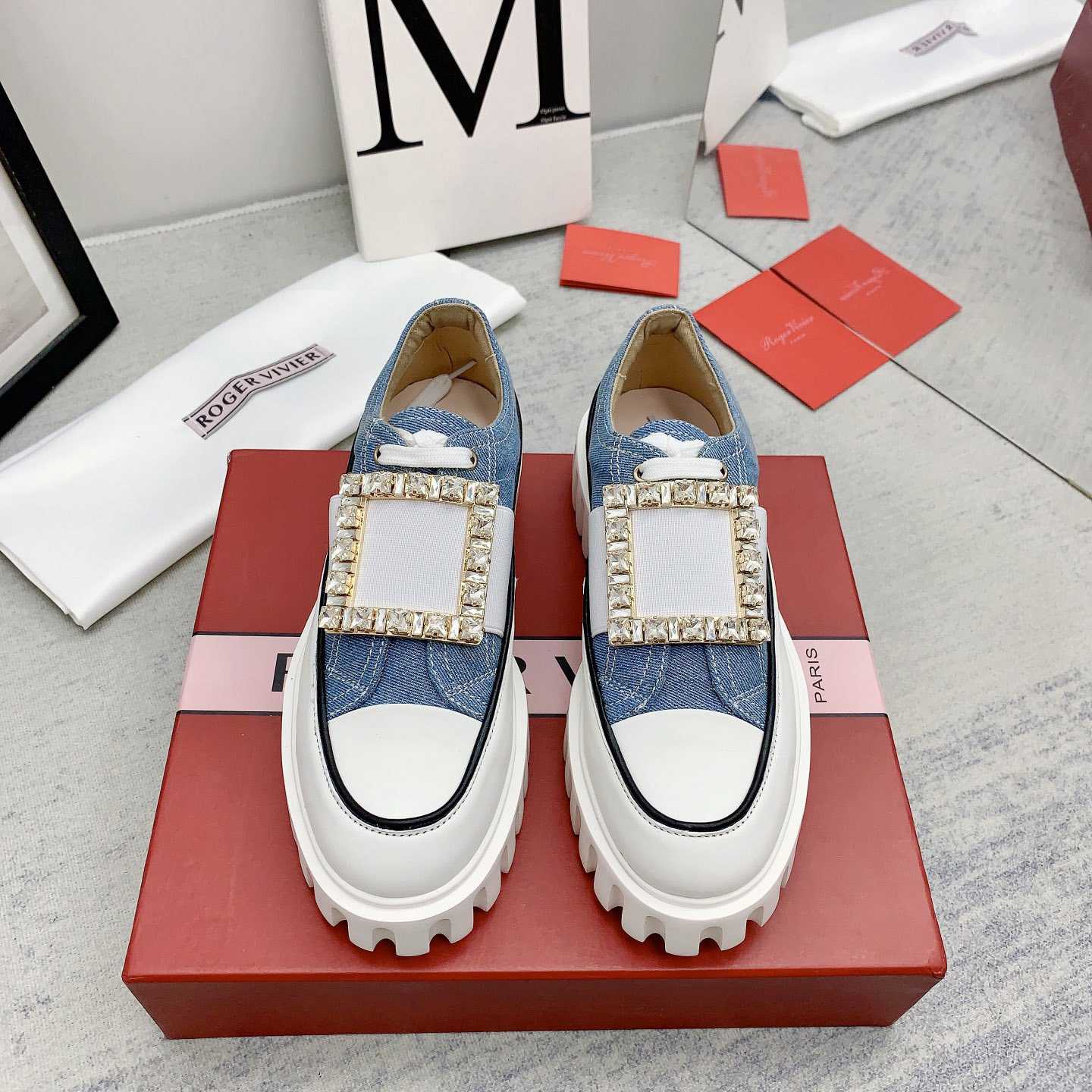 Roger Vivier Viv' Go-Thick Strass Buckle Slip-on Sneakers In Denim - 