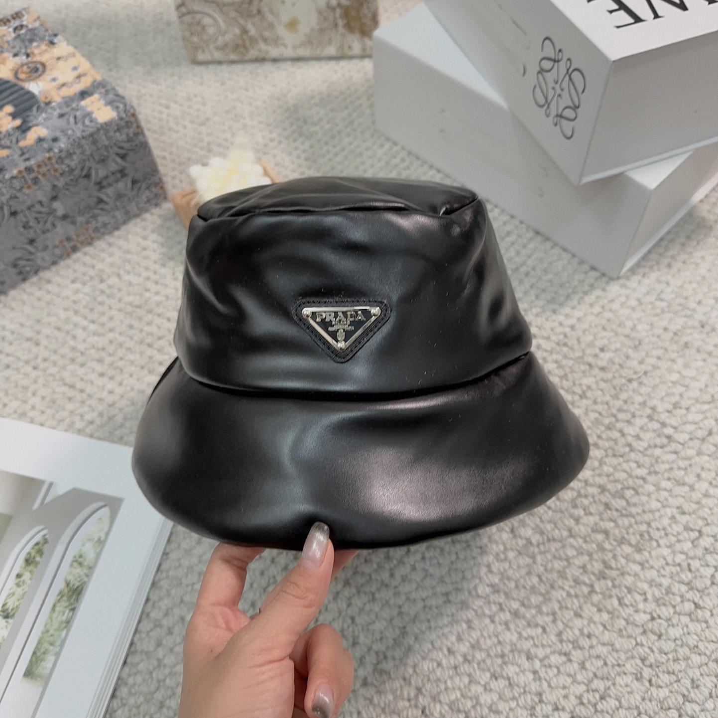Prada Enamelled-logo Nappa Leather Bucket Hat - DesignerGu