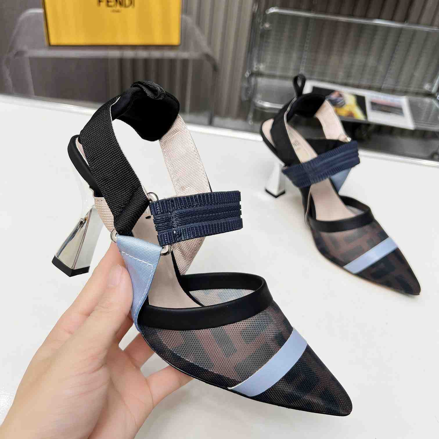 Fendi Colibrì Blue Mesh High-heeled Slingbacks - 