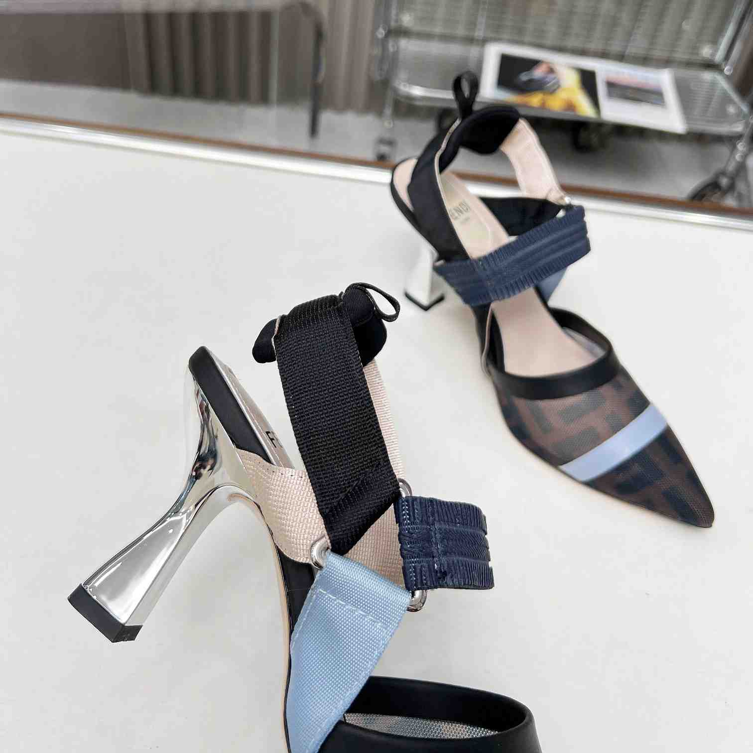 Fendi Colibrì Blue Mesh High-heeled Slingbacks - 