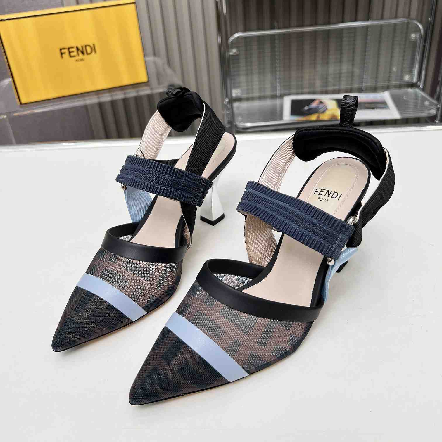 Fendi Colibrì Blue Mesh High-heeled Slingbacks - 