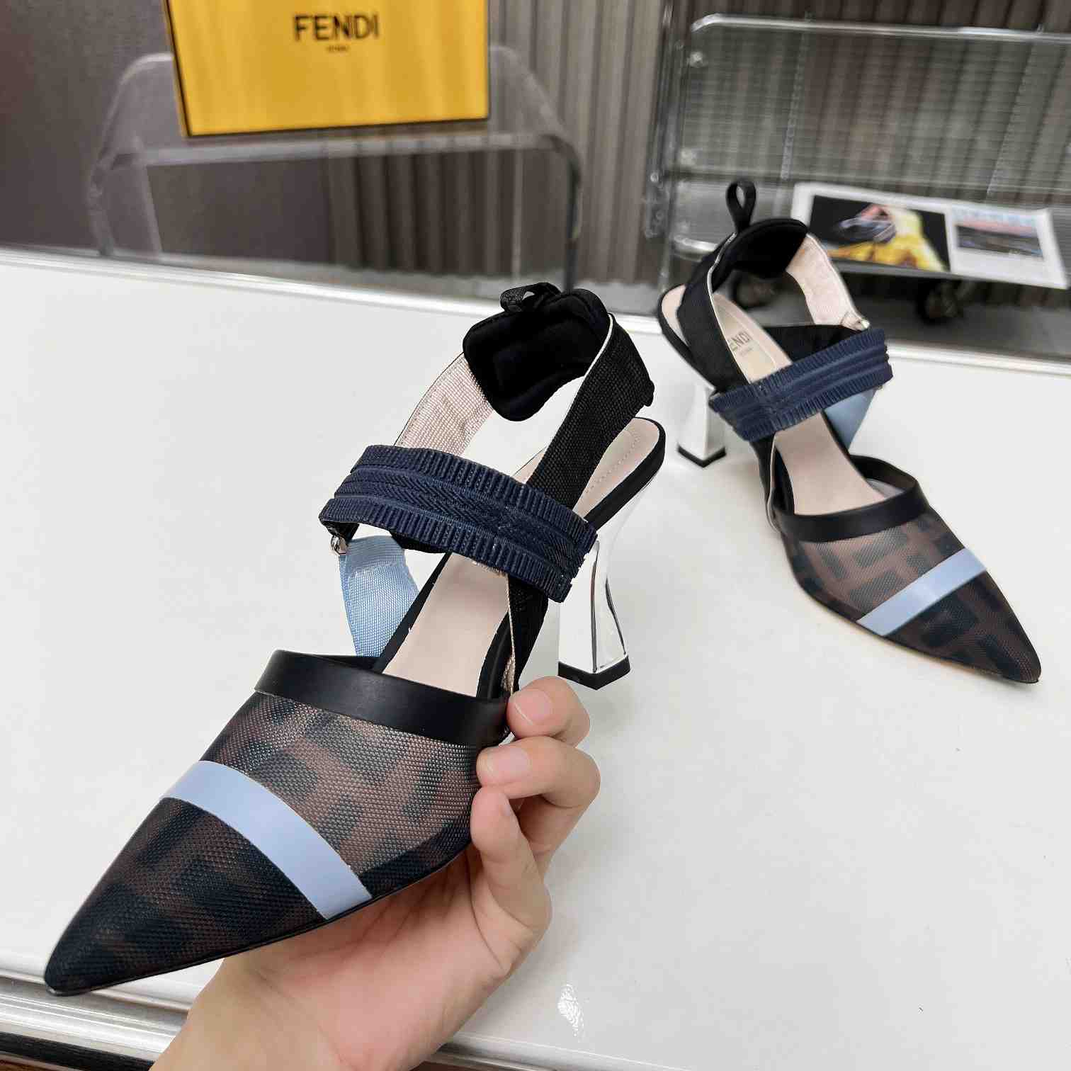 Fendi Colibrì Blue Mesh High-heeled Slingbacks - 