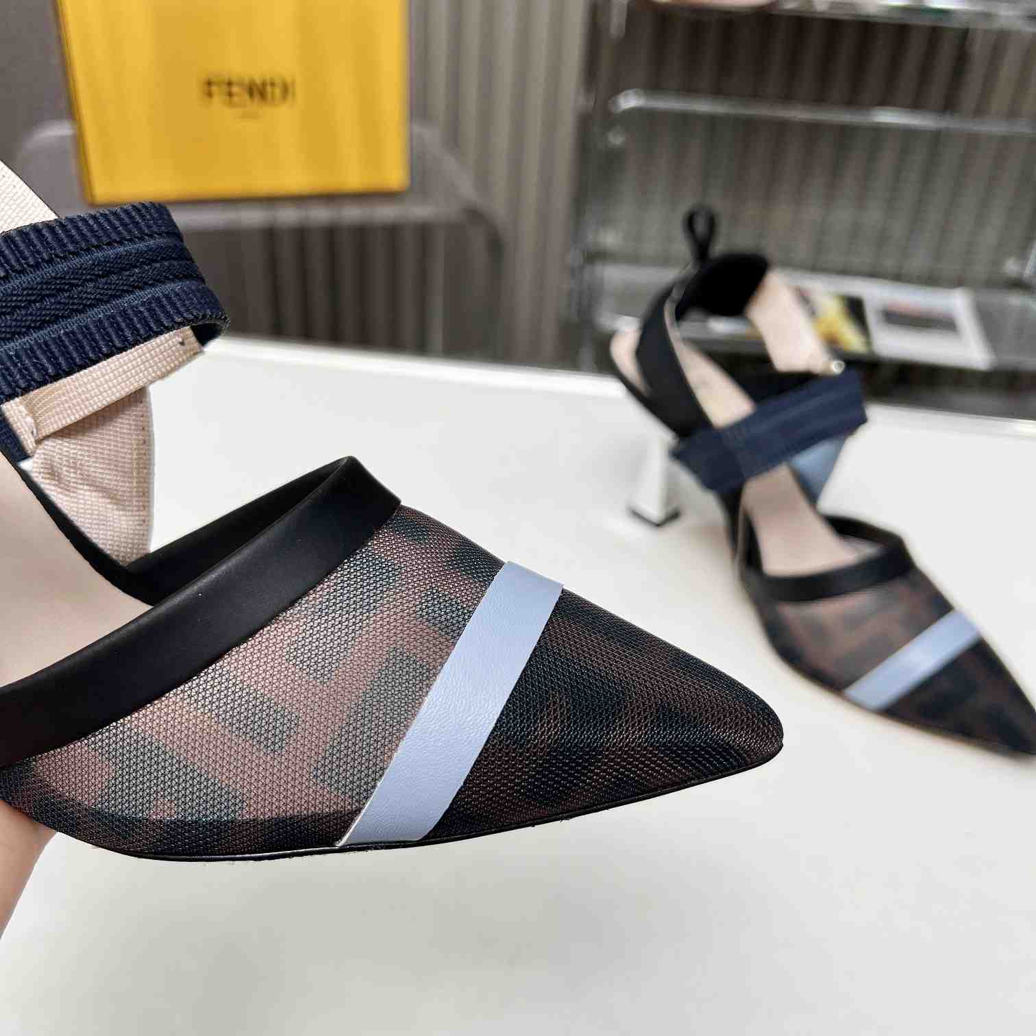 Fendi Colibrì Blue Mesh High-heeled Slingbacks - 