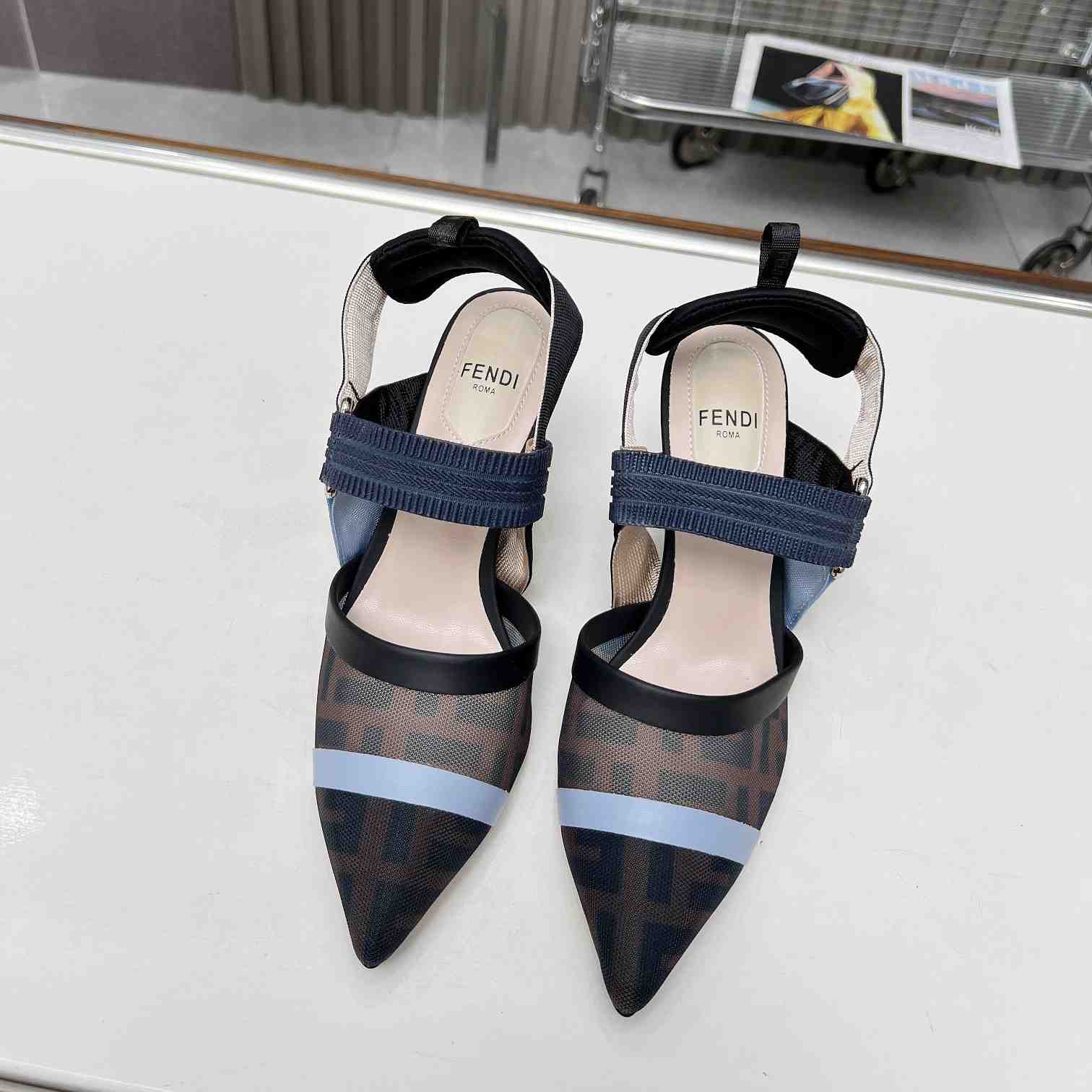 Fendi Colibrì Blue Mesh High-heeled Slingbacks - 