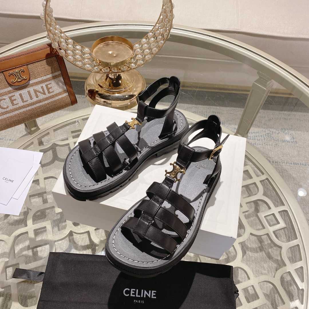 Celine Clea Triomphe Gladiator Sandal In Calfskin - Vegetal Tanning Black - 