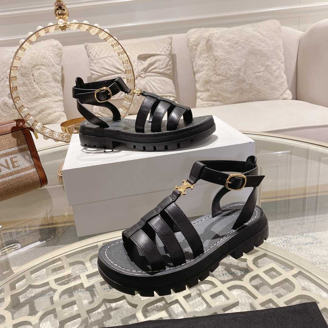 Celine Clea Triomphe Gladiator Sandal In Calfskin - Vegetal Tanning Black - 