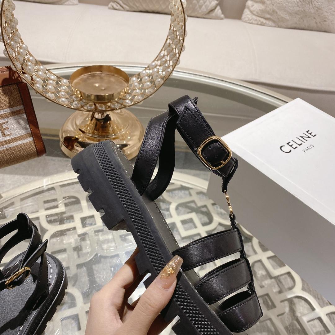 Celine Clea Triomphe Gladiator Sandal In Calfskin - Vegetal Tanning Black - 