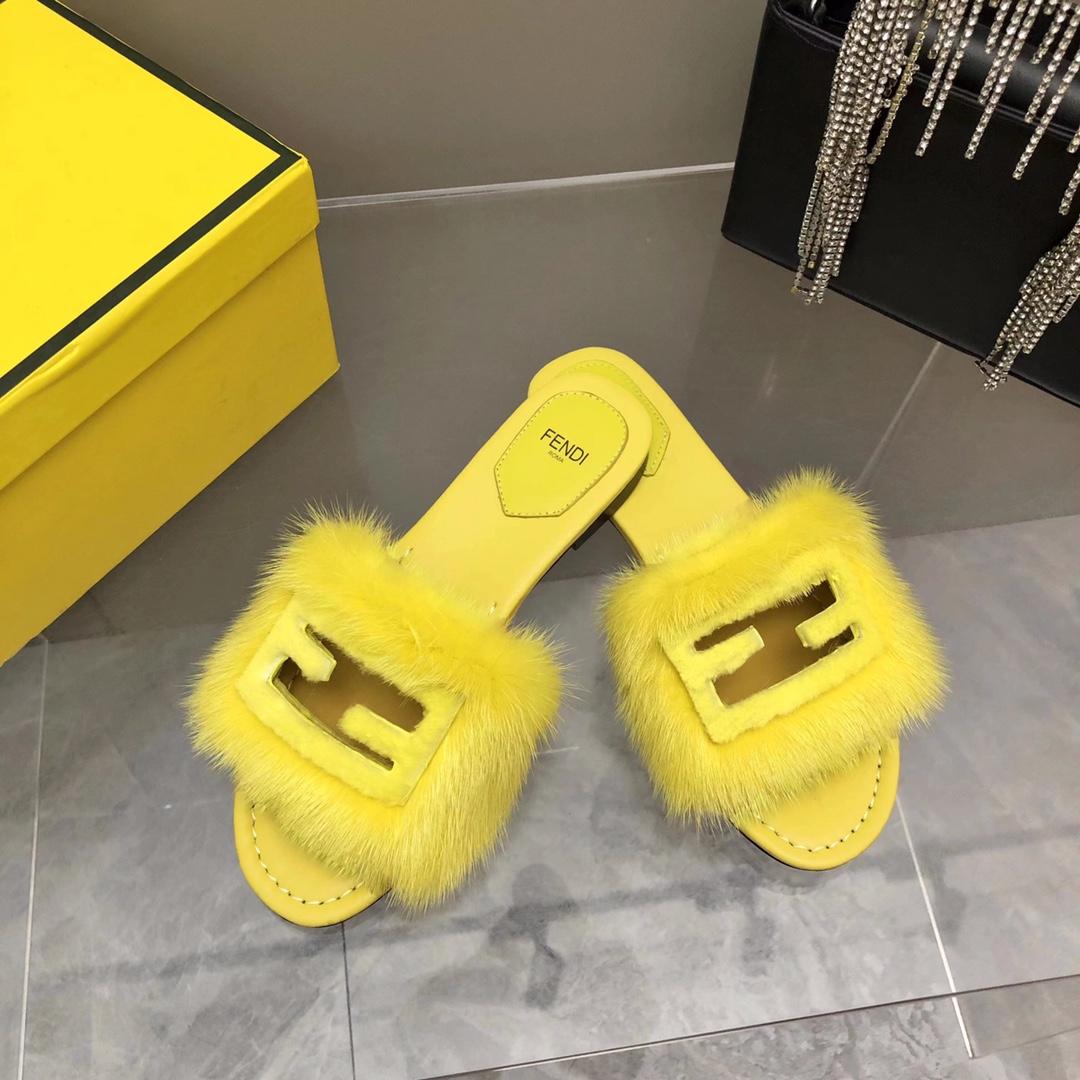 Fendi Baguette Yellow Mink Slides - 