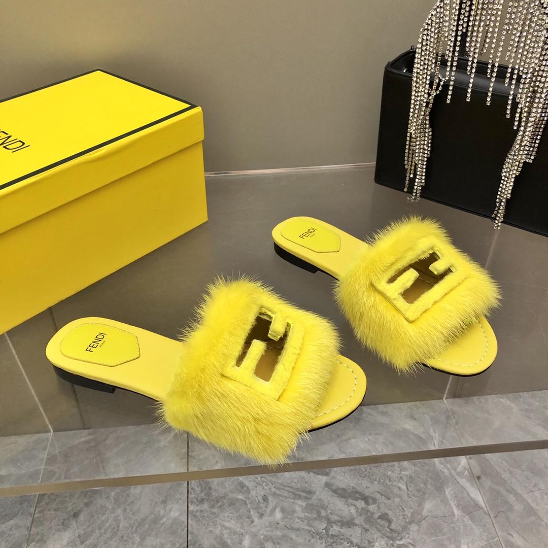 Fendi Baguette Yellow Mink Slides - 