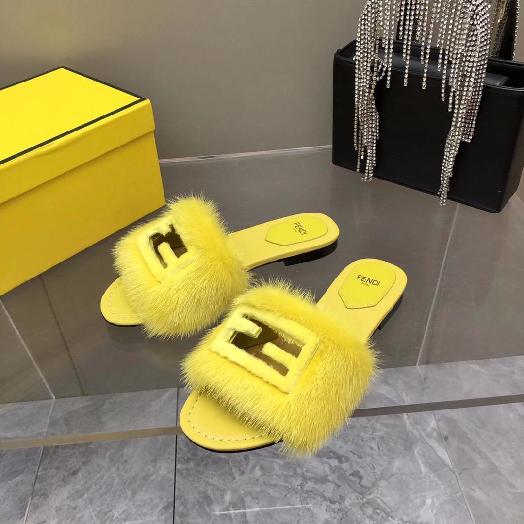 Fendi Baguette Yellow Mink Slides - 