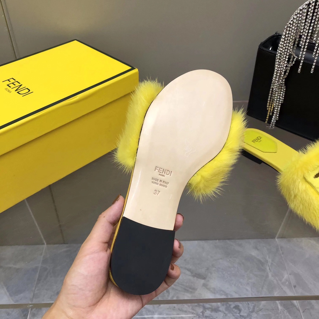 Fendi Baguette Yellow Mink Slides - 