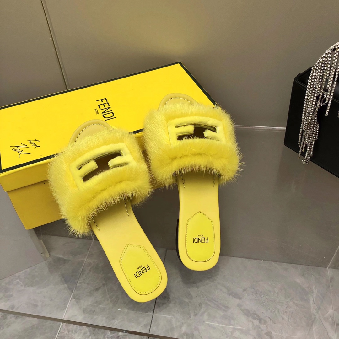 Fendi Baguette Yellow Mink Slides - 