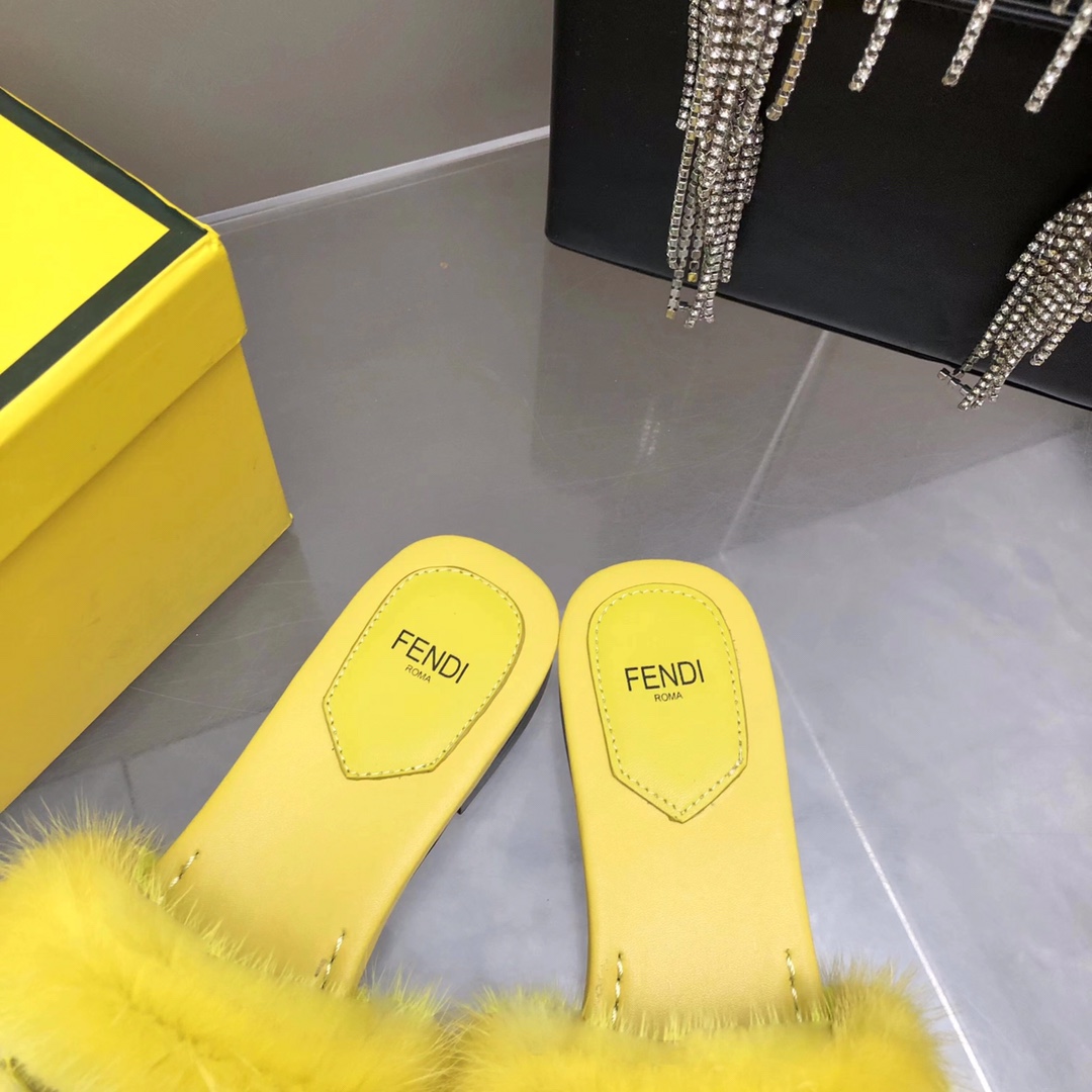 Fendi Baguette Yellow Mink Slides - 