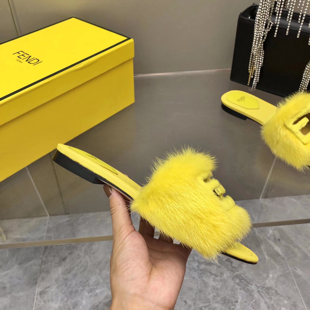 Fendi Baguette Yellow Mink Slides - 