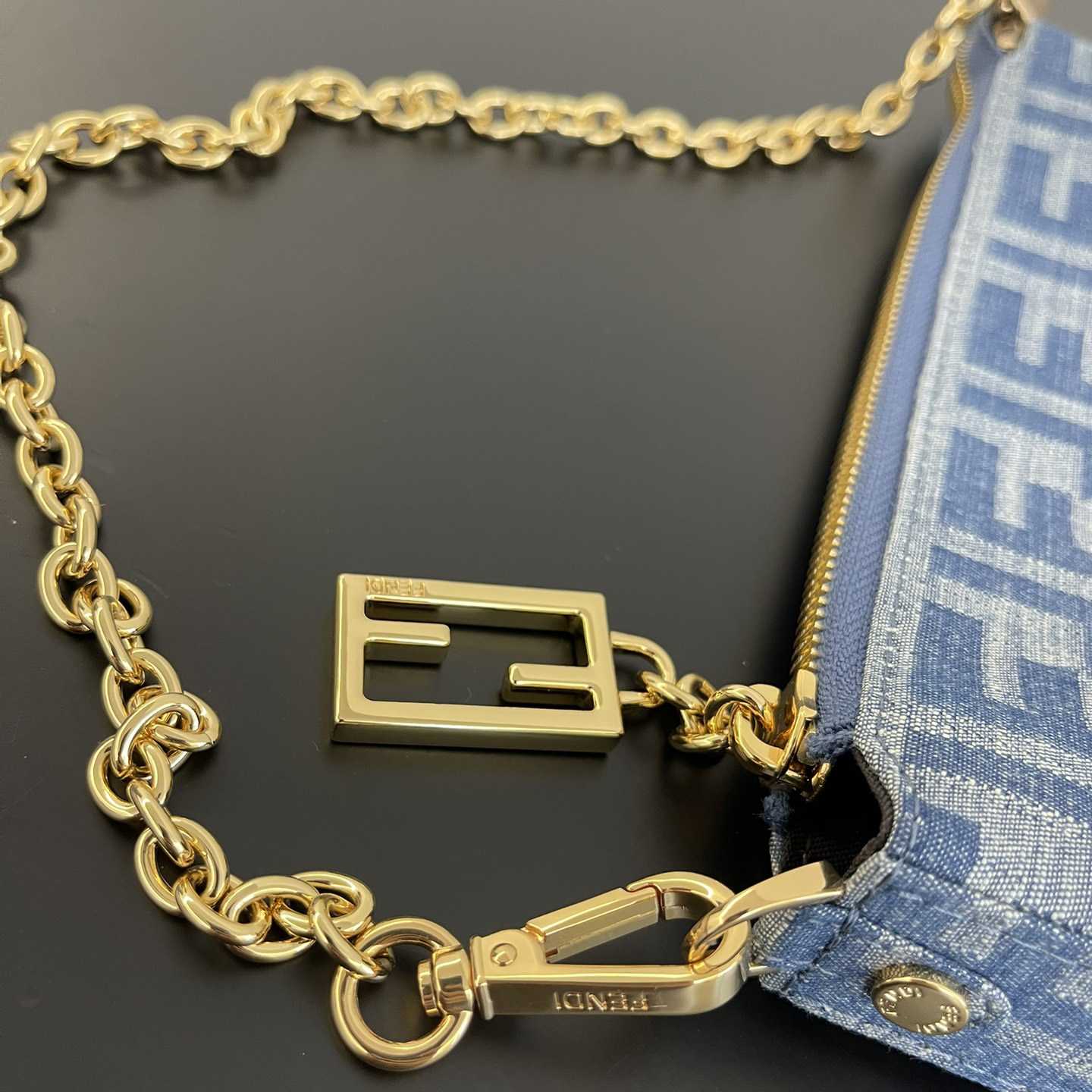 Fendi Baguette Pouch Light Blue FF Denim Fabric Pouch With Chain - DesignerGu