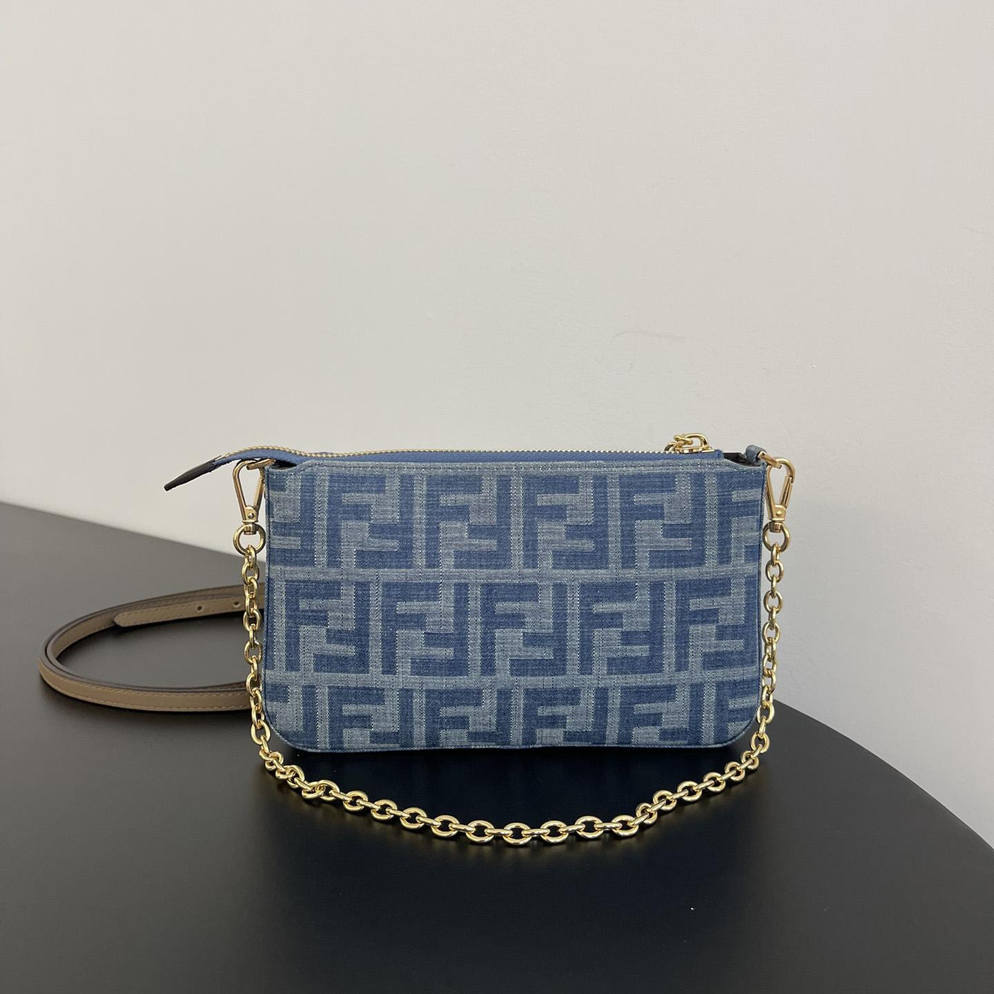 Fendi Baguette Pouch Light Blue FF Denim Fabric Pouch With Chain - DesignerGu